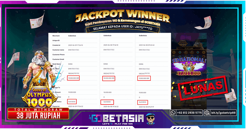 Bukti pembayaran Jackpot di GOBETASIA