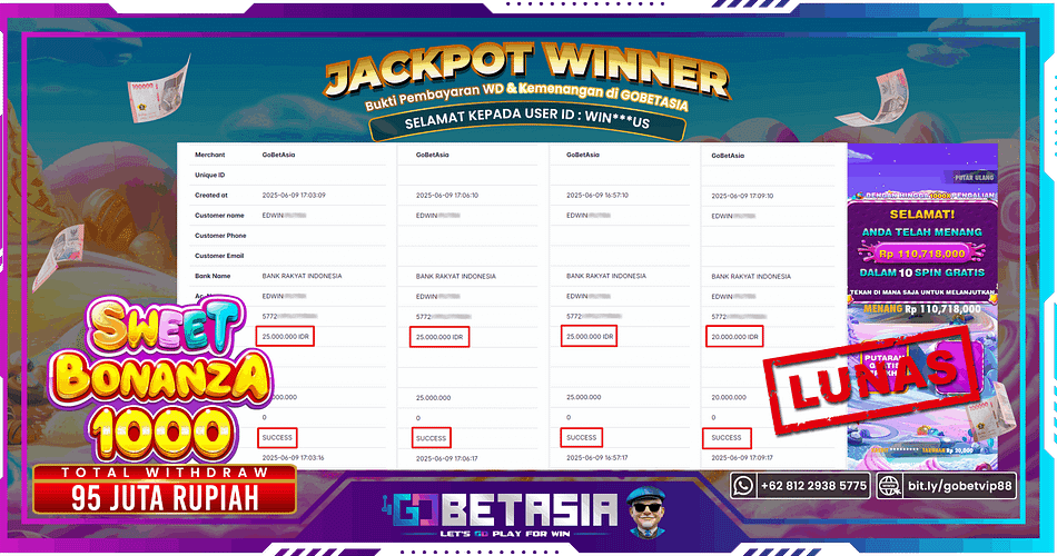 Bukti pembayaran Jackpot di GOBETASIA