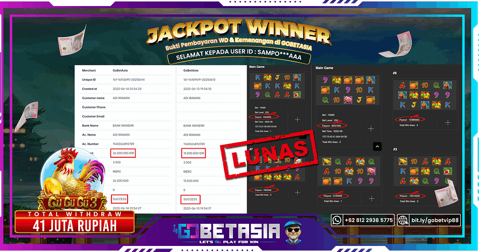 Bukti pembayaran Jackpot di GOBETASIA
