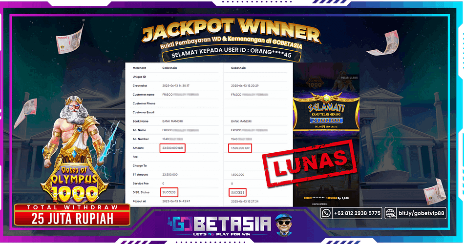 Bukti pembayaran Jackpot di GOBETASIA