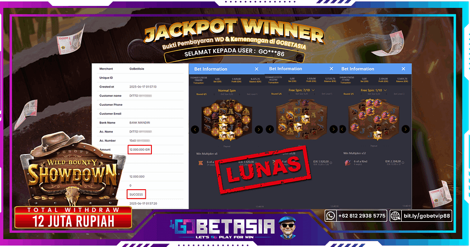 Bukti pembayaran Jackpot di GOBETASIA